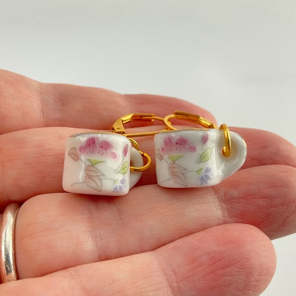 Host Pick! Pink Floral Ceramic Miniature Tea Mug Earrings with a Pink Flower - Picture 3 of 9